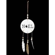 Suspension en bois Noël boho et plumes 28 cm - Couleur Blanc