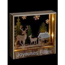 Décoration cadre lumineux à poser rennes 16 cm - Couleur Bois