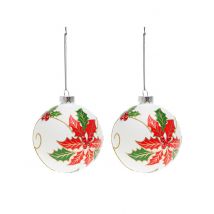 2 Boules en verre blanches avec houx 8 cm - Couleur Rouge