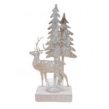 Bougeoir en métal cerf et sapins 27 cm - Couleur Blanc