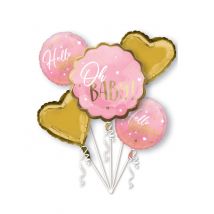 Bouquet de 5 ballons aluminium Oh baby rose et or - Couleur Rose
