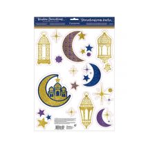 15 Décorations pailletées pour fenêtre Eid Mubarak 43 x 30 cm - Couleur Bleu foncé