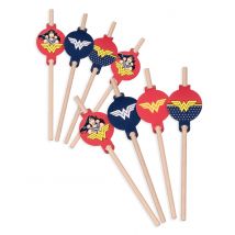 8 pailles médaillon en carton Wonder Woman 20cm