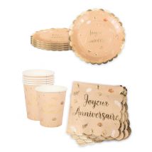 Kit anniversaire vaisselle jetable Boho blush et or - Couleur Marron