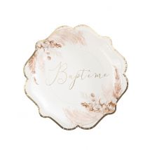 8 Assiettes baptême pampas et fleurs de coton 23 cm - Couleur Marron