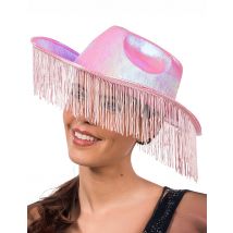 Chapeau de cowboy irisé rose avec franges pour Adulte - Couleur Rose