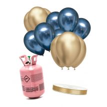 Kit bouteille d'hélium avec 6 ballons bleu marine 6 ballons dorés et un ruban - Couleur Bleu