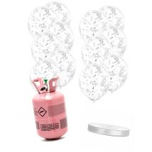 Kit bouteille d'hélium avec 12 ballons transparents à confettis argentés et ruban - Couleur Argent