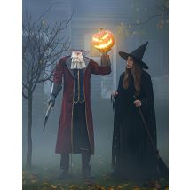 Décoration animée cavalier sans tête citrouille lumineuse et articulée 2,15m