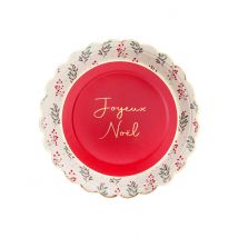 10 Assiettes blanc et rouge Joyeux Noël houx 23 cm