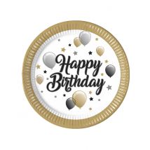 8 piatti in cartone Happy Birthday oro argento e neri 23 cm - Colore Nero