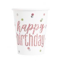 8 bicchieri in cartone Happy Birthday bianco e rosa - Colore Rosa