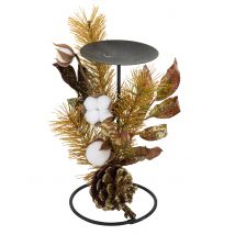 Portacandele con fiori di cotone paillette oro 20 cm - Colore Legno