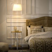Vloerlamp met 2 planken, staande lamp, voetschakelaar, 40 W E 27, naturel + wit