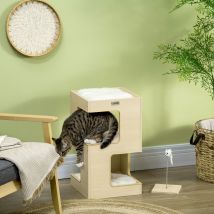 Paws kattenhok, kattengrot, 2 verdiepingen, inclusief speelgoed, 34 cm x 34 cm x 60 cm, naturel + lichtgrijs