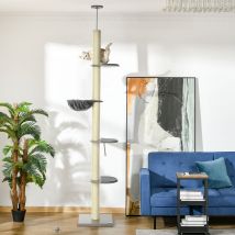 Paws kattenboom met hangmat, inclusief plafondspanner, plafondhoogte, 40 cm x 40 m x 250 cm, grijs+ crèmewit