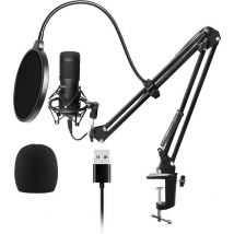 Microphone à condensateur avec bras - Gaming - Cardioïde - Microphone pour PC - USB - Avec support - Plop Cap - Filtre de bruit - Laptop - Streaming