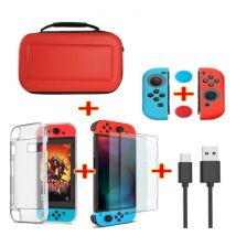 Erilles 6 in 1 Kit voor Nintendo Switch - NS Opbergtas / Hoesje / Screenprotector / Kabel / Button Caps Rood