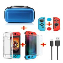 Erilles 6 in 1 Kit voor Nintendo Switch - NS Opbergtas / Hoesje / Screenprotector / Kabel / Button Caps Blauw