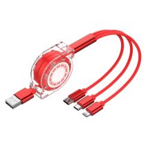 Ilano 3 in 1 Intrekbare Oplaadkabel - iPhone Lightning / USB-C / Micro-USB - 1.2 Meter Oplader Spiral Data Kabel Rood-Transparant