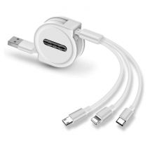Ilano 3 in 1 Intrekbare Oplaadkabel - iPhone Lightning / USB-C / Micro-USB - 1.2 Meter Oplader Spiral Data Kabel Wit