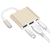 Besiuni 3 in 1 USB-C Hub - Compatibel met Macbook Pro / Air - USB 3.0 / Type C PD / HDMI - Data Overdracht Power Delivery Splitter Goud