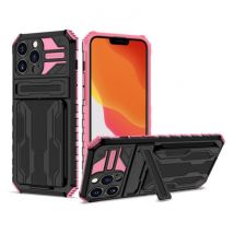 YIKELO iPhone 12 Pro - Armor Card Slot Hoesje met Kickstand - Wallet Cover Case Roze