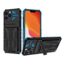 YIKELO iPhone 13 - Armor Card Slot Hoesje met Kickstand - Wallet Cover Case Blauw