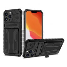 YIKELO iPhone 12 - Armor Card Slot Hoesje met Kickstand - Wallet Cover Case Zwart
