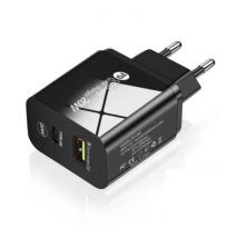 Maerknon Dual Port Stekkerlader - PD / Quick Charge 3.0 - 20W Power Delivery USB Fast Charge - Oplader Muur Wallcharger AC Thuislader Adapter Zwart