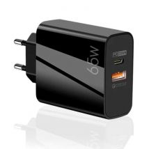 Anmuguin 65W GaN Stekkerlader - Dual Port PD / Quick Charge 3.0 - Power Delivery USB Fast Charge - Oplader Muur Wallcharger AC Thuislader Adapter Zwart