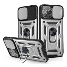Huikai iPhone 14 Pro - Armor Hoesje met Kickstand en Camera Bescherming - Pop Grip Cover Case Zilver