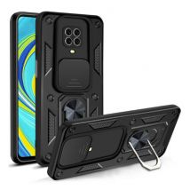 CYYWN Xiaomi Redmi Note 9 - Armor Hoesje met Kickstand en Camera Slide - Magnetische Pop Grip Cover Case Zwart - Copy