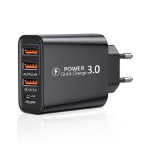 Maerknon 4-Poort Stekkerlader 60W - PD / Quick Charge 3.0 / USB Oplader Muur Lader Stekkerlader Adapter Zwart