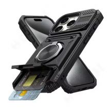 FAAGXUAA iPhone 14 Pro Max - Card Slot Hoesje met Kickstand - Grip Socket Magnetische Cover Case - Zwart