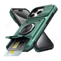 FAAGXUAA iPhone 16 Pro - Card Slot Hoesje met Kickstand - Grip Socket Magnetische Cover Case - Groen