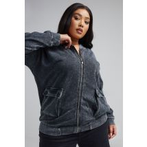 Limited Collection Curve Grey Acid Wash Bomber Jacket, Women's Curve & Plus Size, Limited Collection