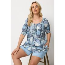 Yours Plus Size Blue Palm Leaf Tie Neck Blouse Size 26-28