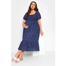 Bump It Up Maternity Plus Size Navy Blue Cotton Broderie Midi Dress Size 24