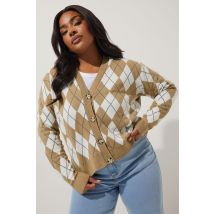 Limited Collection Plus Size Natural Brown Argyle Knitted Cardigan Size 26-28