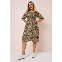 Yours Curve Black & Pink Floral Print Shirred Midi Dress, Women's Curve & Plus Size, Yours
