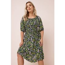 Yours Curve Black & Purple Floral Print Shirred Midi Dress, Women's Curve & Plus Size, Yours