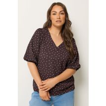 Yours Clothing Yours Plus Size Chocolate Brown Polka Dot Puff Sleeve Top Size 30-32