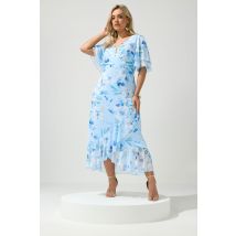 Yours London Plus Size Blue Floral Wrap Ruffle Hem Dress Size 30-32