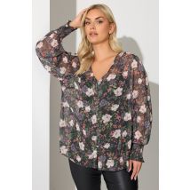 Yours London Curve Black Floral Shirred Cuff Blouse Size 26-28