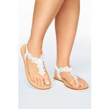 White Pu Diamante Flower Sandals In Wide E Fit & Extra Wide eee Fit