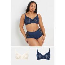 Yours 2 Pack Plus Size Navy Blue & White Floral Embroidered Underwired Bras Size 48E