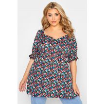 Limited Collection Curve Black Floral Print Puff Sleeve Peplum Top, Women's Curve & Plus Size, Limited Collection