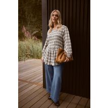 Yours Plus Size Natural Brown Check Shirred Peplum Top Size 34-36