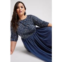 Luxe: Ultimate Embellishment Luxe Plus Size Navy Blue Sequin Hand Embellished Maxi Dress Size 30-32